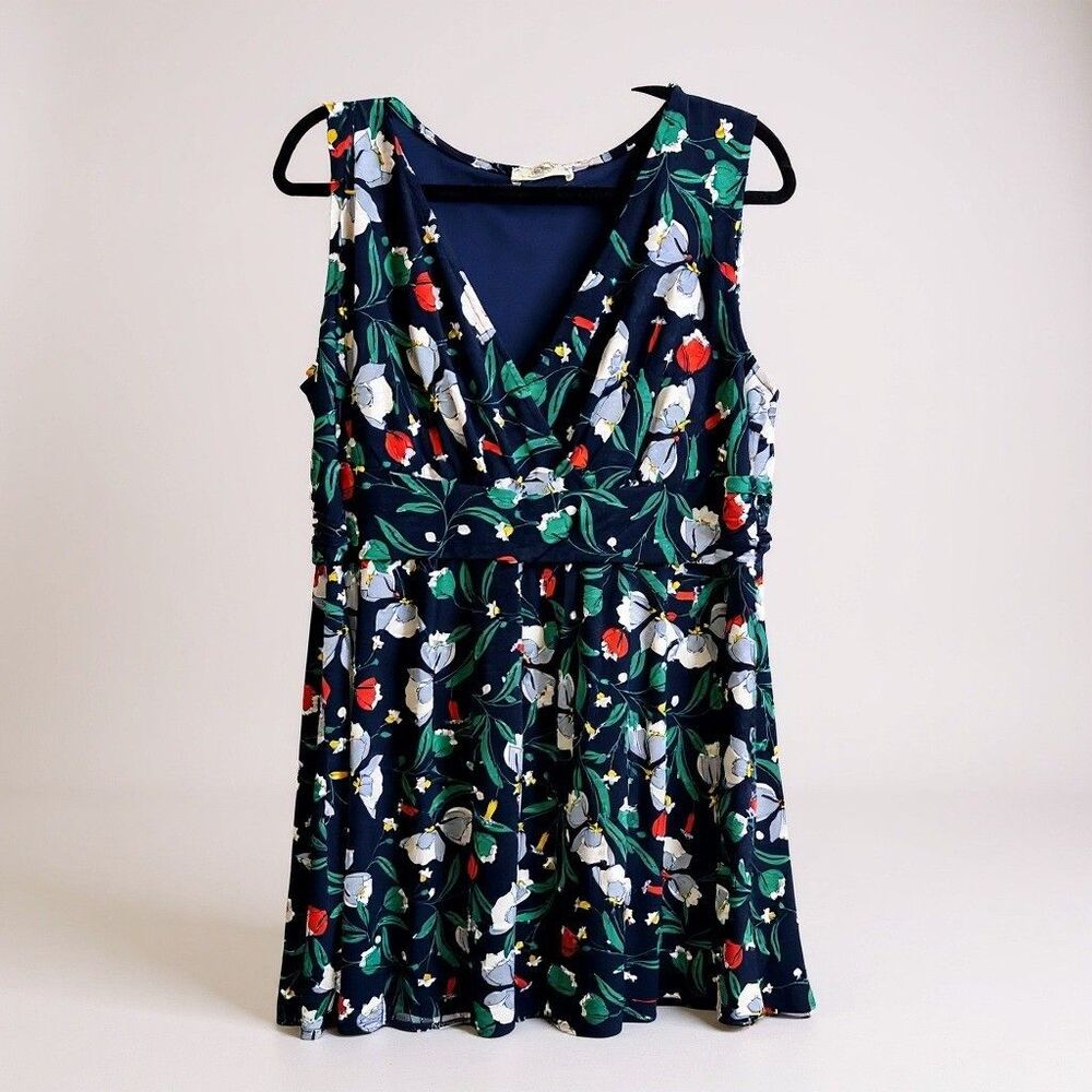 Jessy B Floral Print Dress‎ Sleeveless V Neck Fit & Flare Navy Blue 2X Plus Size